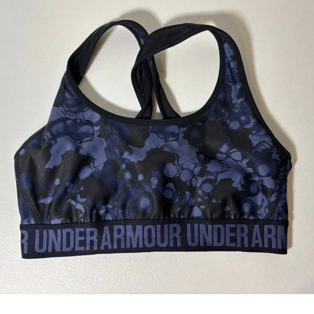 Under Armour Women Size M Crossback Mid Sports Bra Compression Blue Camo NO PADS